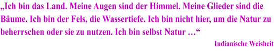 „Ich bin das Land. Meine Augen sind der Himmel. Meine Glieder sind die Bäume. Ich bin der Fels, die Wassertiefe. Ich bin nicht hier, um die Natur zu beherrschen oder sie zu nutzen. Ich bin selbst Natur …“ Indianische Weisheit